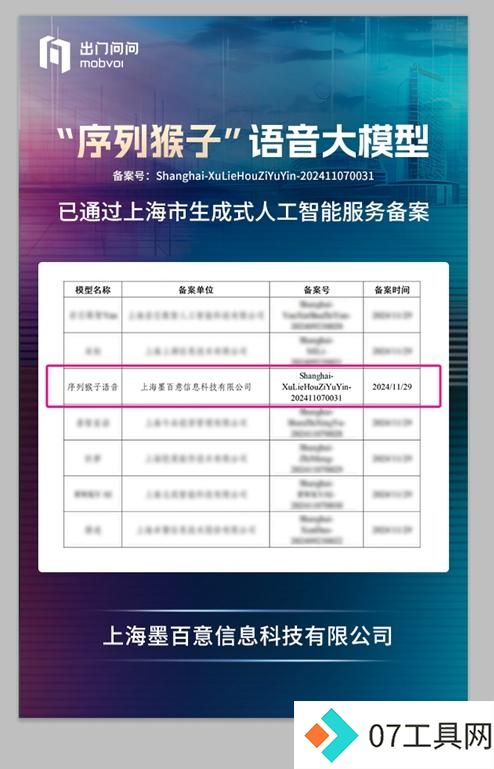 出门问问「序列猴子」语音大模型通过生成式人工智能服务备案 出门问问「序列猴子」语音大模型通过生成式人工智能服务备案